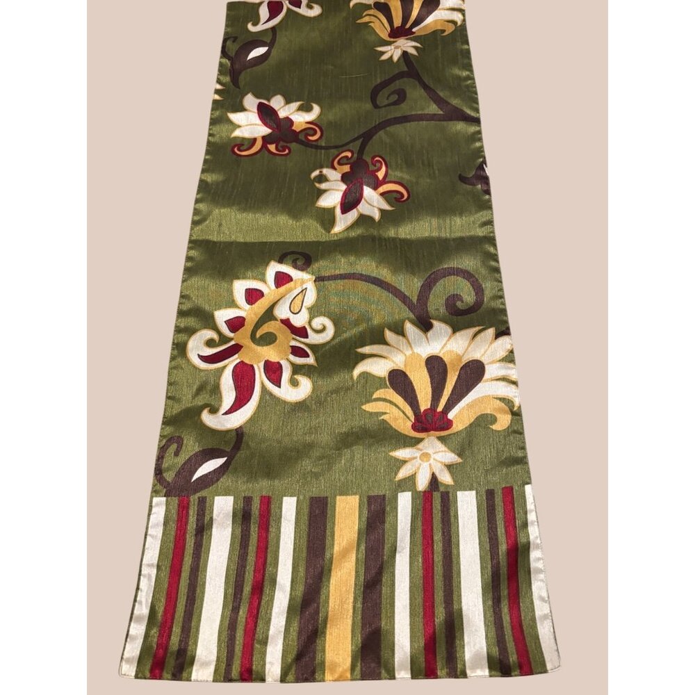 Pier 1 Imports Table Runner 14" x 72" Olive Green With Floral Design